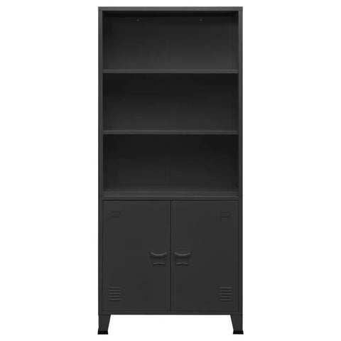 Anthracite Steel Industrial 3 Shelf Bookcase With Two Hinge Doors Heavy Duty Storage Cabinet Organizer For Living Room And Home Office