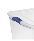 Close-up of blue latching lid on Super Size 105 Quart Clear Plastic Storage Bin With Blue Latching Lid For Big Hauls And House Decluttering.