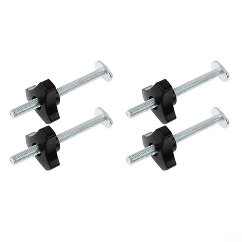 Four Pack M8 T Slot Bolts And Knobs Clamps With Plastic Handles For Woodworking Jigs Fixtures, Heavy Duty Workbench T Track Accessories Kit In Silver Black To Lock Your Project Down Smooth. Four M8 bolts with black plastic knobs and silver threaded shafts