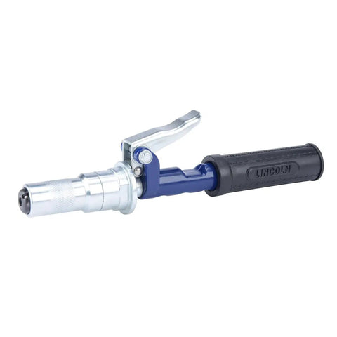 Lincoln 1134 Pistol Grip Grease Gun Kit With 18 Inch Hose And 6 Inch Rigid Extension 5900 PowerLock Lever Action Coupler shown in blue