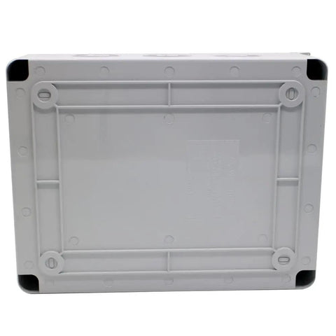 Heavy Duty Abs Distribution Box For Circuit Breaker 12 Way, grey ABS housing bottom view with mounting points.