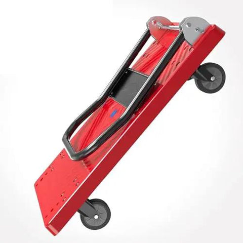 Heavy Duty Flatbed Hand Truck With Foldable Plastic Platform Four Wheel Cart For Easy Parcel And Load Moving, Multi Size Adjustable Trolley For Home Garage And Warehouse Use, red foldable deck