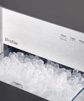 GE Profile Opal 2.0 nugget ice maker, stainless steel front, ice in bin