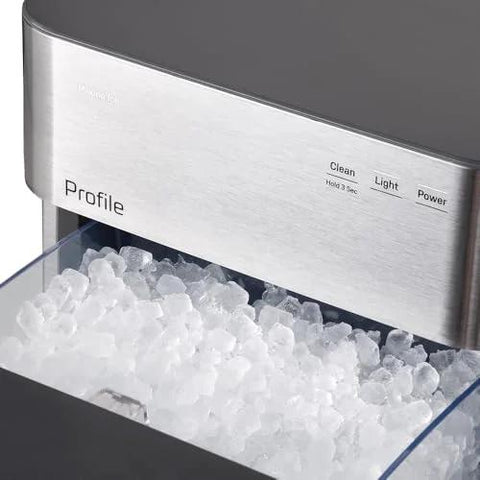 GE Profile Opal 2.0 nugget ice maker, stainless steel front, ice in bin