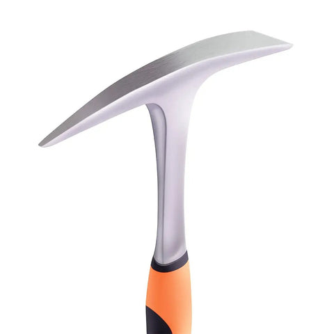 Close-up of the Heavy Duty 28 Oz Rock Pick And Brick Hammer With Pointed Tip And Flat Head Forged Steel Construction Shock Reduction Handle