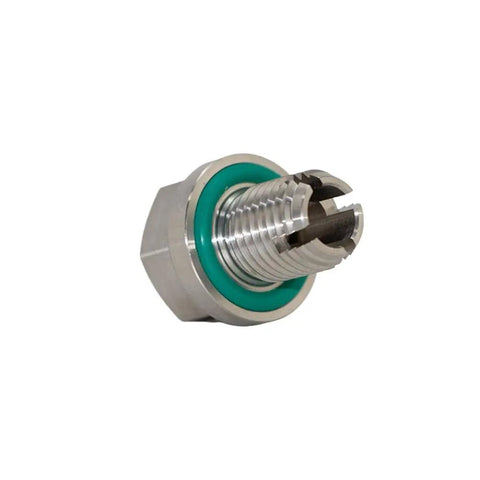 Heavy Duty Stainless Steel Oil Drain Plug Thread Repair Kit M12.1 Self Tapping Fix for Kawasaki Ninja Z400 Z650 Z900 And 1000 Models Keeps Your Ride Running Smooth Without No Drama. Close-up threaded plug with green seal.