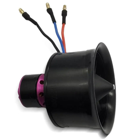 50mm EDF Brushless Motor With 4900KV On 3S LiPo For RC Jet Aircraft Up To 770g Thrust, showing black ducted fan and banana plugs.