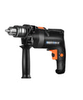 Pro Grade Hand Electric Drill Delivering Solid Punch Action And Sharp High Carbon Steel Bits Variable Speed Setting side view image, featuring a 750W power drill with ergonomic grip.