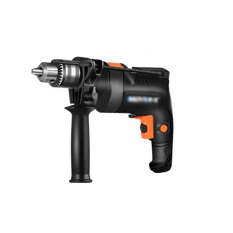 Pro Grade Hand Electric Drill Delivering Solid Punch Action And Sharp High Carbon Steel Bits Variable Speed Setting side view image, featuring a 750W power drill with ergonomic grip.