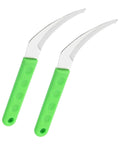Two green-handled tools from 6 Piece Gardening Scythe Set All In One Hand Tools For Weeding Grass Cutting And Lawn Care