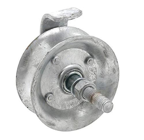 Front view of galvanized steel 5-inch pipe track roller with mounting bolt for 1 5/8 in. O.D. pipe