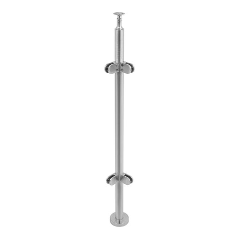 Pro Grade 316 Stainless Steel Glass Railing Corner Post Brushed Silver Metal Base Mount for pool fencing, vertical view.