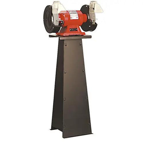 Beefed Up Floor Stand For Bench Grinders with solid black base and red grinder, providing stability for grinding tasks.