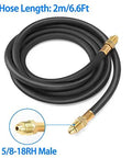 Argon welding gas hose, 2m/6.6ft, black hose with brass 5/8-18RH male fittings