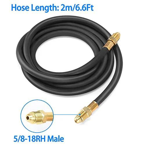 Argon welding gas hose, 2m/6.6ft, black hose with brass 5/8-18RH male fittings