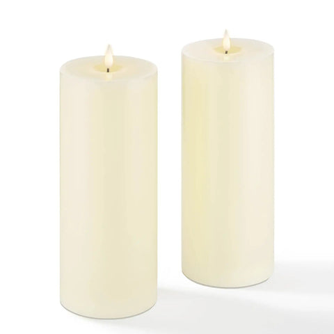 Pair of real ivory wax flameless pillar candles with 3D flickering LED flame, 3 inch diameter for Christmas party decor