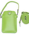 Small green leather pouch with detachable strap and matching coiled shoulder strap, featuring a snap closure and metal hooks.