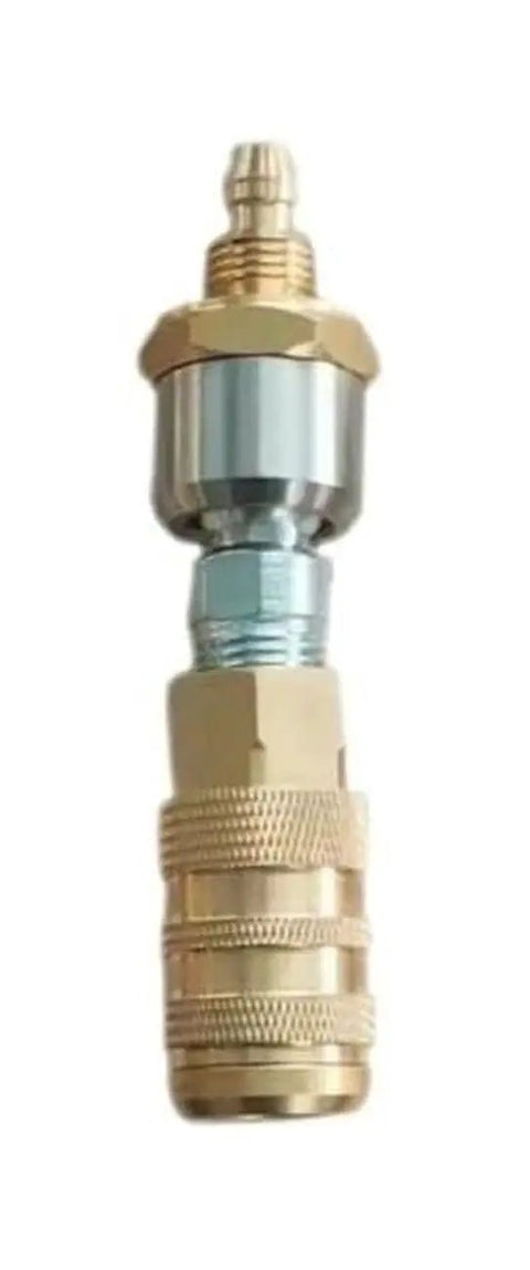 Close-up of Industrial Interchange Air Hose Pro Grade with Ball Coupler and Air Safety Plug for indoor finishing and wood floor protection.