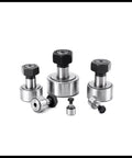 Four CF10 KR22 Needle Roller Bearing Cam Followers, 22mm diameter, 12mm width, shown in a group, sealed stud type for machine tools.