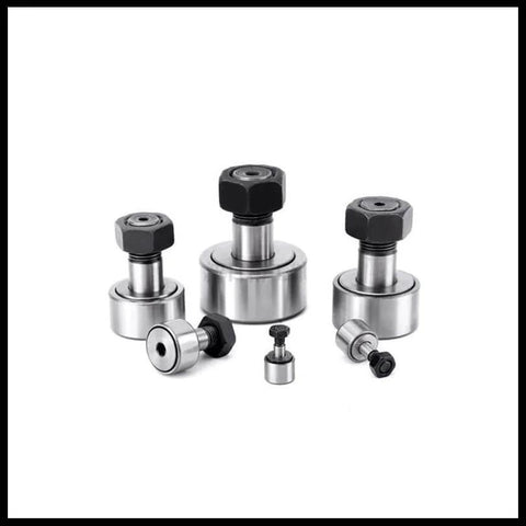 Four CF10 KR22 Needle Roller Bearing Cam Followers, 22mm diameter, 12mm width, shown in a group, sealed stud type for machine tools.