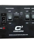 Remote Controlled Rolling Beer Cooler Roto Molded Drink Chiller Rechargeable Motor control panel, featuring power and audio connections.