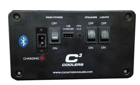 Remote Controlled Rolling Beer Cooler Roto Molded Drink Chiller Rechargeable Motor control panel, featuring power and audio connections.