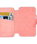 Open pink phone wallet case with card slots displaying credit cards