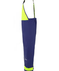Side view of Heavy-Duty Waterproof Bib Pants With Knee Pads And Welded Seams For Fishing, Pressure Washing And Industrial Work, 650gsm PVC Rain Gear, Internal Pocket, Triple Layer Knee Protection, Reinforced Knees, Removable Pads, Blue Neon, Size S.