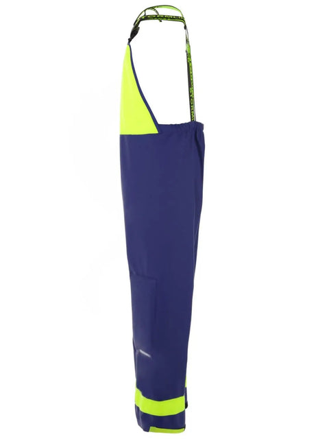 Side view of Heavy-Duty Waterproof Bib Pants With Knee Pads And Welded Seams For Fishing, Pressure Washing And Industrial Work, 650gsm PVC Rain Gear, Internal Pocket, Triple Layer Knee Protection, Reinforced Knees, Removable Pads, Blue Neon, Size S.