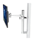Premium Heavy Duty Computer Monitor Mount Featuring Flexible Mechanical Arm for Desk setup, showing silver steel construction and pivoting arm.
