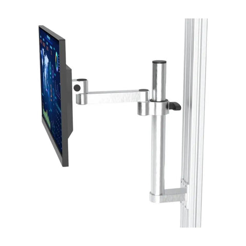 Premium Heavy Duty Computer Monitor Mount Featuring Flexible Mechanical Arm for Desk setup, showing silver steel construction and pivoting arm.