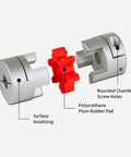 Two Pack Aluminum Plum Flexible Shaft Couplings, 20mm Diameter, 25mm Long, Bore 5mm to 9.525mm, with plum rubber pad and anodizing