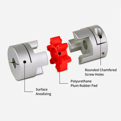 Two Pack Aluminum Plum Flexible Shaft Couplings, 20mm Diameter, 25mm Long, Bore 5mm to 9.525mm, with plum rubber pad and anodizing