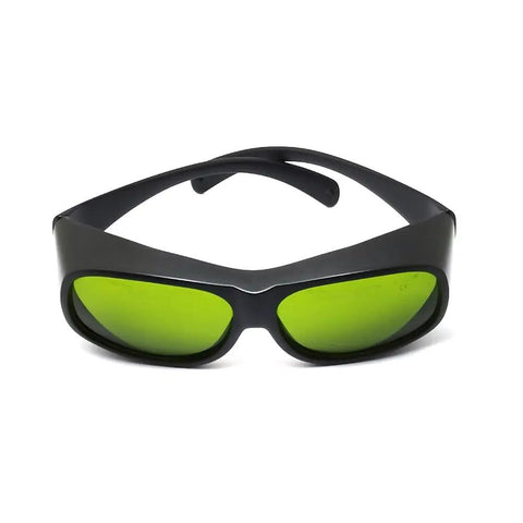 Top Shelf Tough Infrared Laser Safety Glasses Featuring Heavy Duty OD Five Plus And OD Seven Plus Shielding For ND YAG And Diode Lasers Spanning 720 To 1100 Nm Wavelengths Crisp Clear Vision front view with green lenses.