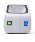 Front view of hands free desktop barcode scanner with auto sensor for supermarkets, retail stores and restaurants, wide scanning window.