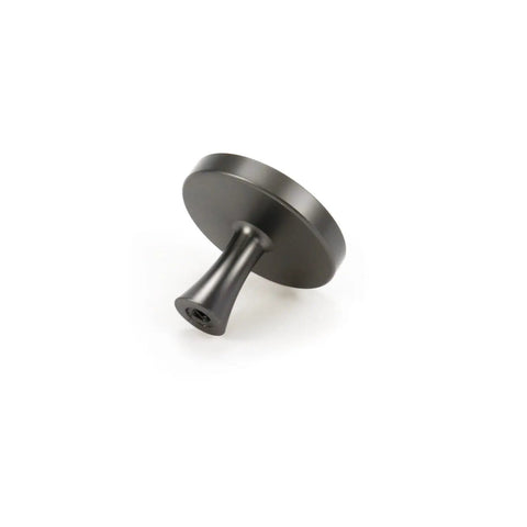 Next Level Grey Marble Cabinet Knobs Six Pack Top Shelf Zinc Drawer Pulls For Kitchen And Bath Setup Durable Electroplated Finish One Point Three Inches Wide smooth dark gray knob on white background.