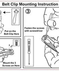Vickay folding utility knife belt-clip mounting instructions; diagram showing clip placement and screws.