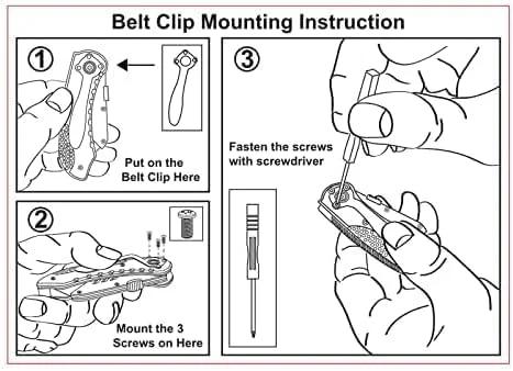 Vickay folding utility knife belt-clip mounting instructions; diagram showing clip placement and screws.