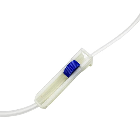 Close-up of IV extension set tubing with blue inline clamp; sterile clear tubing for lab and veterinary use