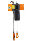 MTC Crane 1 Ton air hoist with pendant control; orange housing, steel chain and hook.