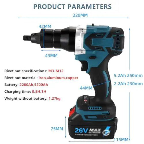 Image of Portable Cordless Rivet Gun With Rechargeable Battery And M3 To M12 Inserts showing product specifications and features.