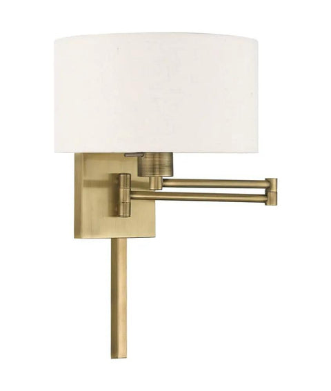Bronze Finish One Light Swing Arm Wall Lamp With Oatmeal Fabric Shade Twenty Four And A Quarter Inch Includes Three Way Switch