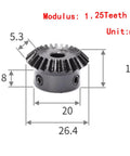 Bevel Gear 90 Degree 1 To 1 Gear Set Modulus 1 25 Teeth Half Inch Inner Hole Alloy Steel Two Pack dimensions diagram