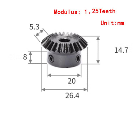 Bevel Gear 90 Degree 1 To 1 Gear Set Modulus 1 25 Teeth Half Inch Inner Hole Alloy Steel Two Pack dimensions diagram