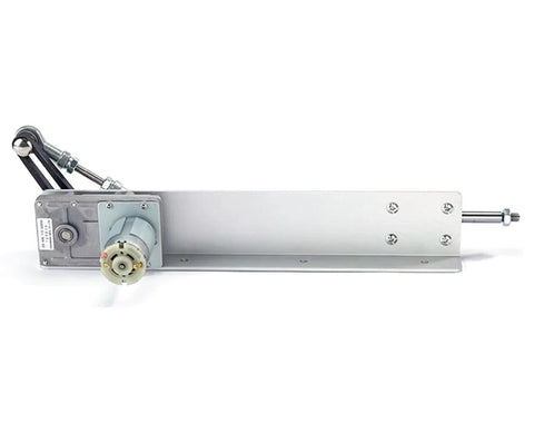 DC24V reciprocating linear actuator, side view with metal housing and extending drive rod.