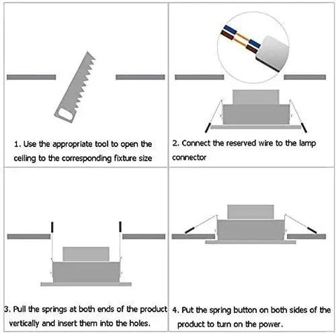 Installation instructions for WKNHHL Recessed Lighting Housing Trim Kits LED Recessed Downlight 10W Spotlights with numbered steps.