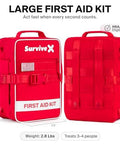 SurviveX Large First Aid Kit in red fabric, car/travel/home use; front and back views