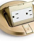 Round Recessed Floor Pop Up Outlet Box With Two 15A Receptacles No Fuss Tamper Resistant Brass Finish Decora Style 6 Inch