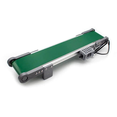 12V Electric Desktop Conveyor Belt for Tech Prototyping and Friction Experiments with Adjustable Speed, green belt, side view
