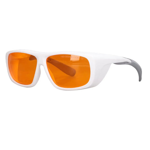 Straight Up Heavy Duty Laser Safety Glasses Broad Spectrum OD Five Plus Coverage Shielding Eyes From Intense Light And Harmful Radiation Wavelengths One Nine Zero To Five Hundred Nm White with orange lenses.